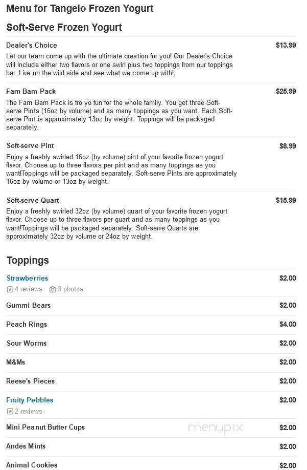 Tangelo Frozen Yogurt - Moraga, CA menu_pic