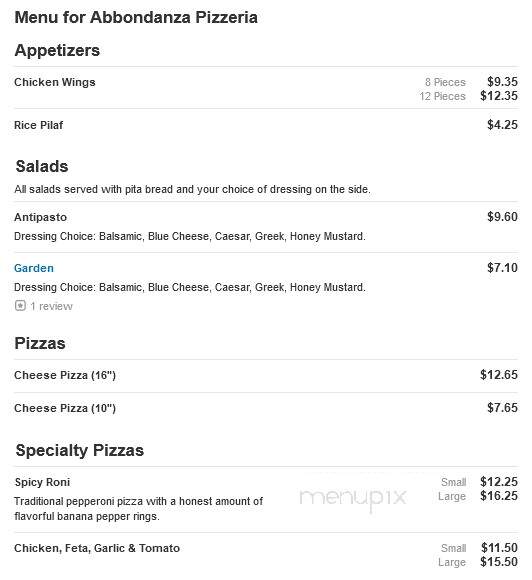 Abbondanza Pizzaria - Pembroke, MA menu_pic