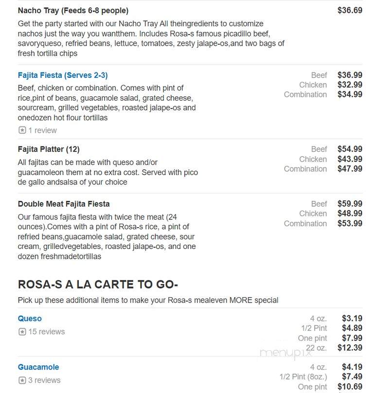 Rosa's Cafe Tortilla Factory - Wylie, TX menu_pic