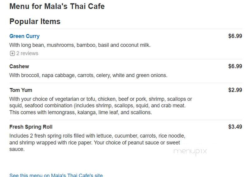 Mala's Thai Cafe - China Grove, NC menu_pic