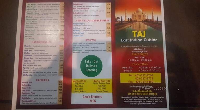 Taj East Indian Cuisine - Lethbridge, AB menu_pic