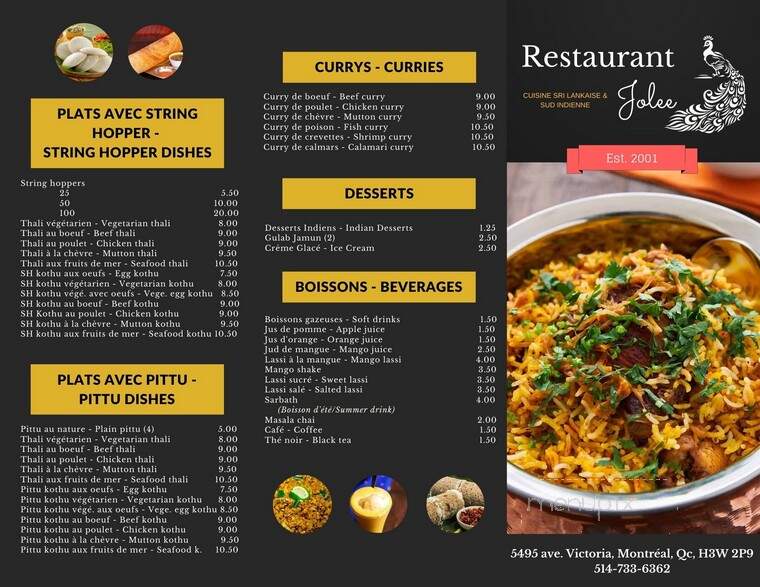 Restaurant Jolee - Montreal, QC menu_pic
