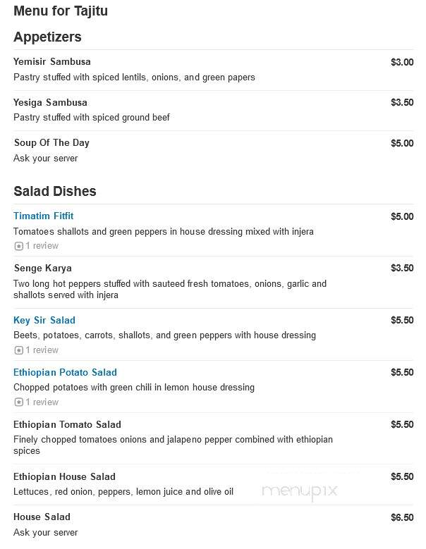 Tajitu Ethiopian Restaurant - Frederick, MD menu_pic