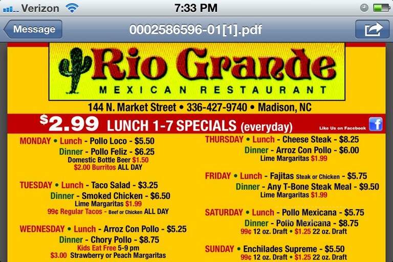 Rio Grande - Mayodan, NC menu_pic