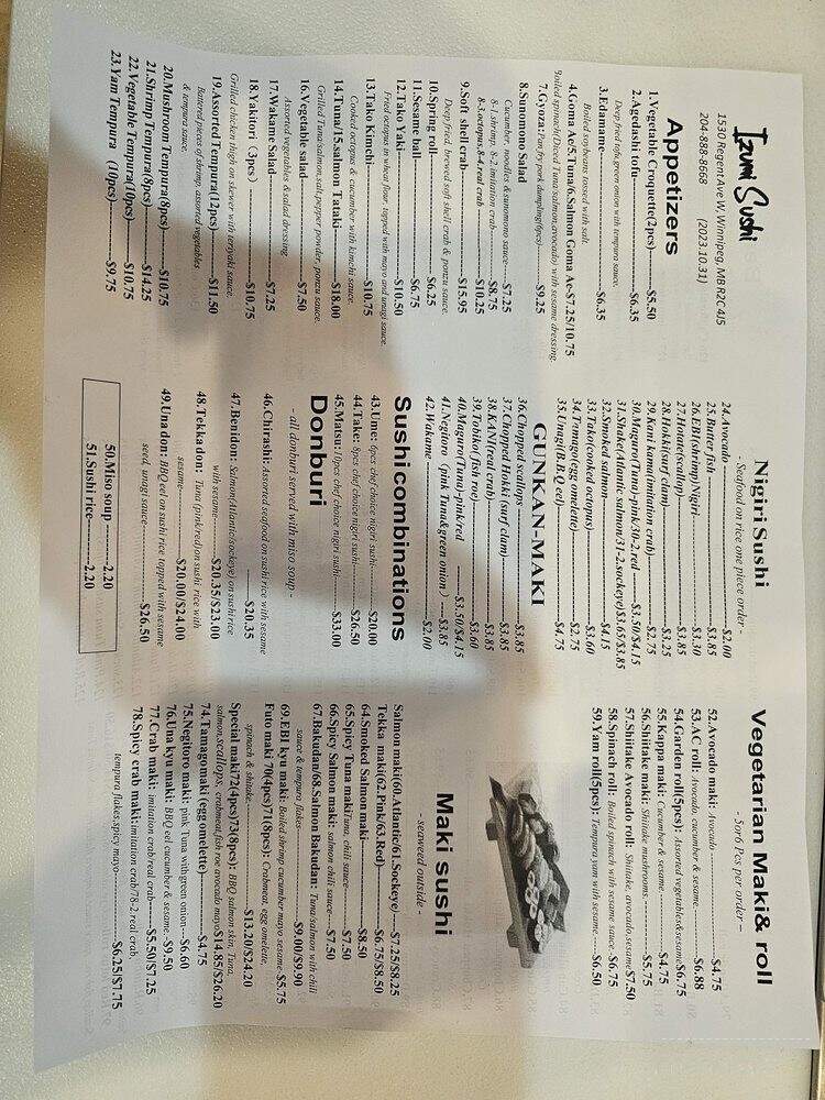 Izumi Sushi - Winnipeg, MB menu_pic