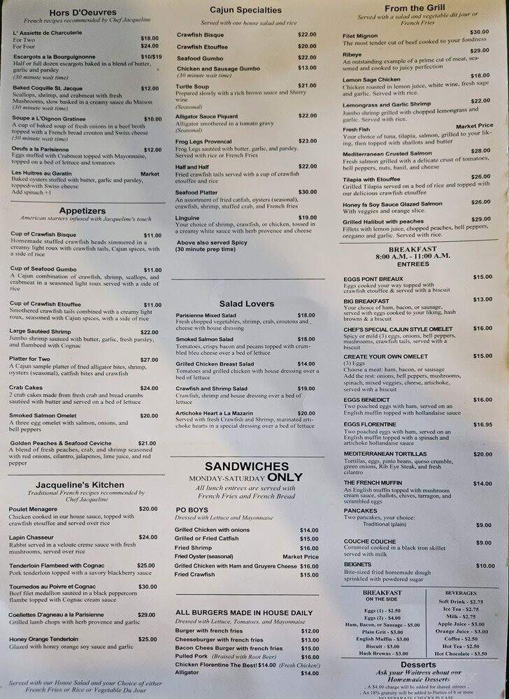 Chez Jacqueline Restaurant - Breaux Bridge, LA menu_pic