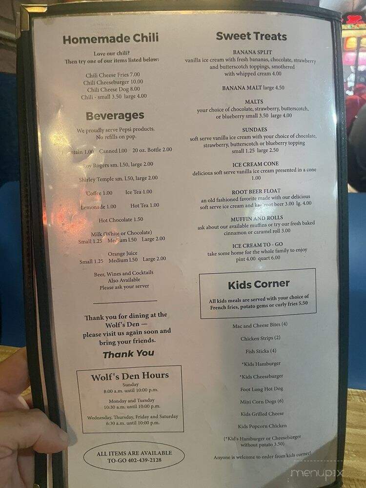 Wolf's Den - Stanton, NE menu_pic