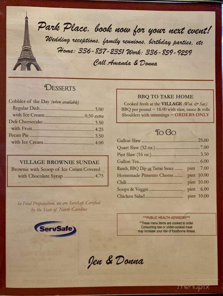 Village Restaurant - Denton, NC menu_pic