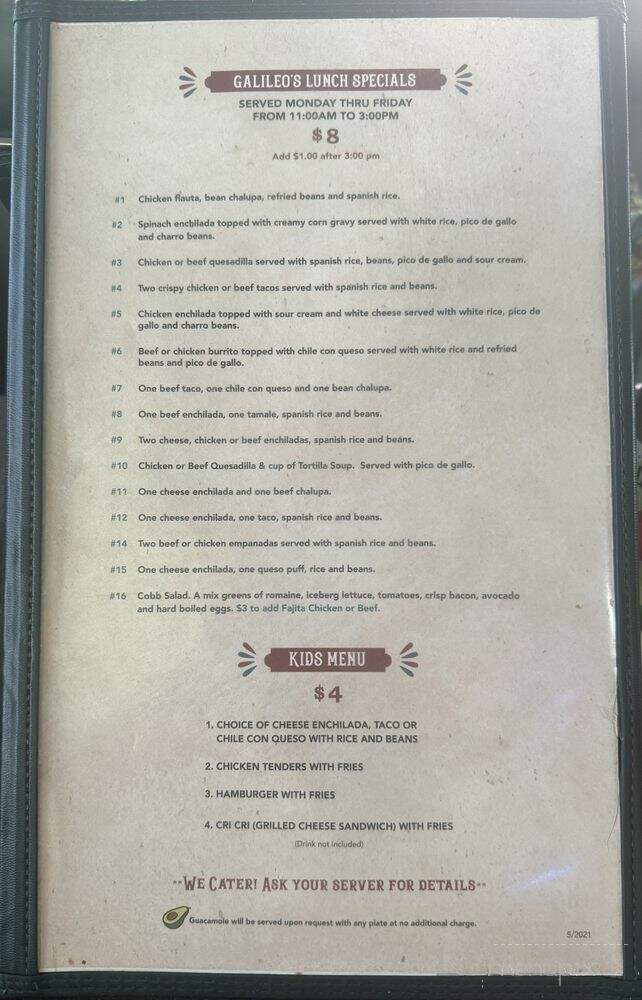 Galileo's Mexican Grill - Bellville, TX menu_pic