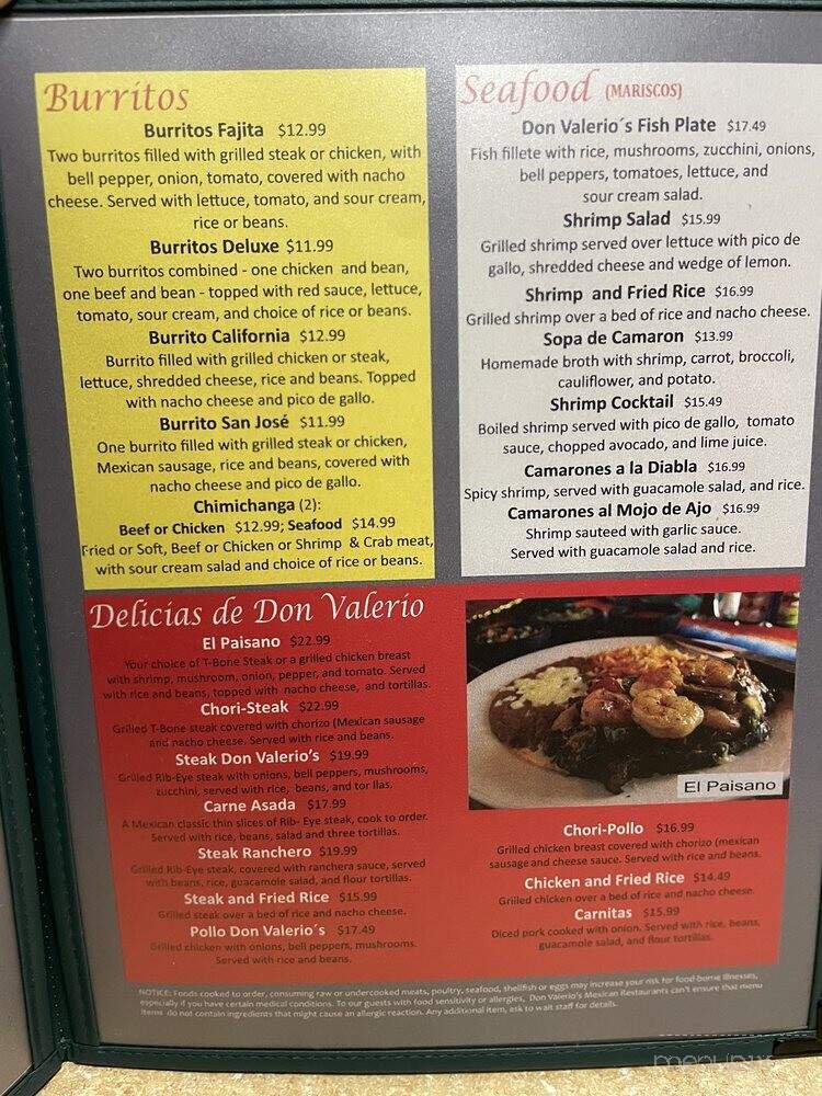 Don Valerio Mexican Restaurant - Melfa, VA menu_pic