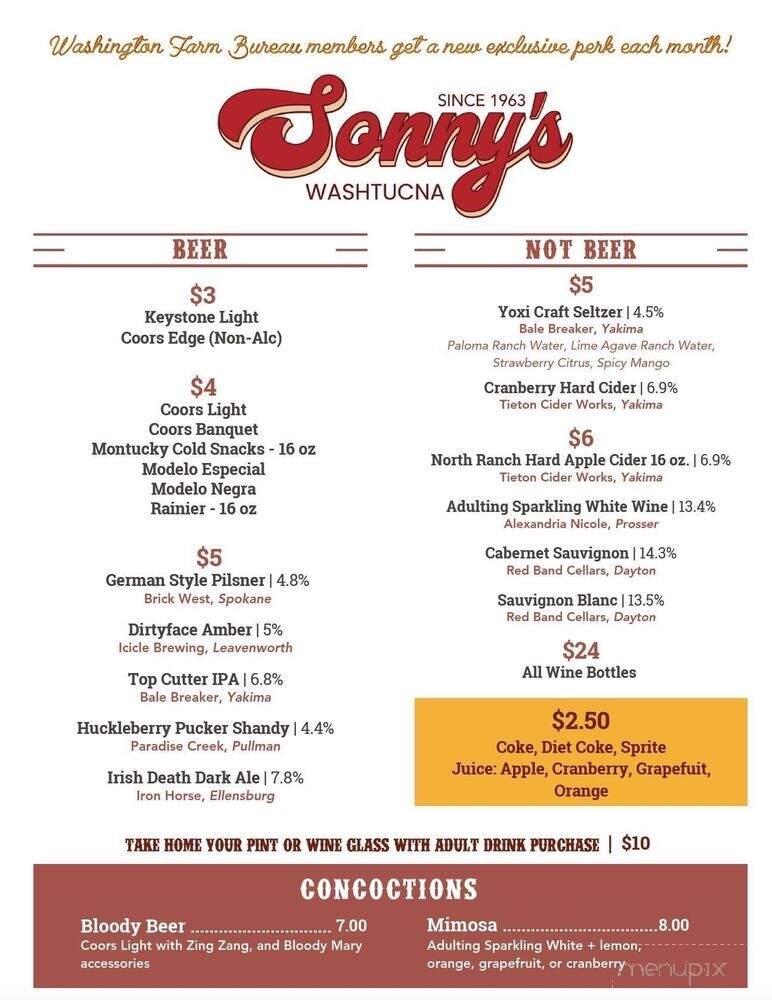 Sonny's Tavern - Washtucna, WA menu_pic