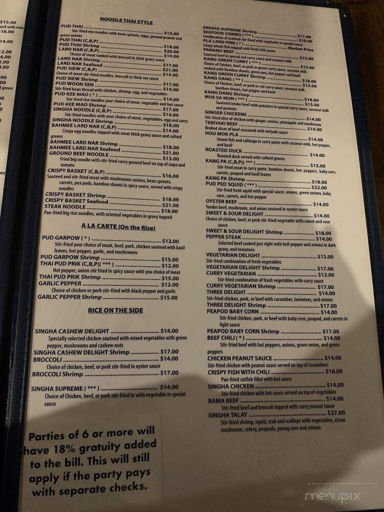 Singha Thai Restaurant - Milwaukee, WI menu_pic