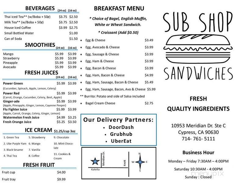 Sub Shop Sandwich - Anaheim, CA menu_pic