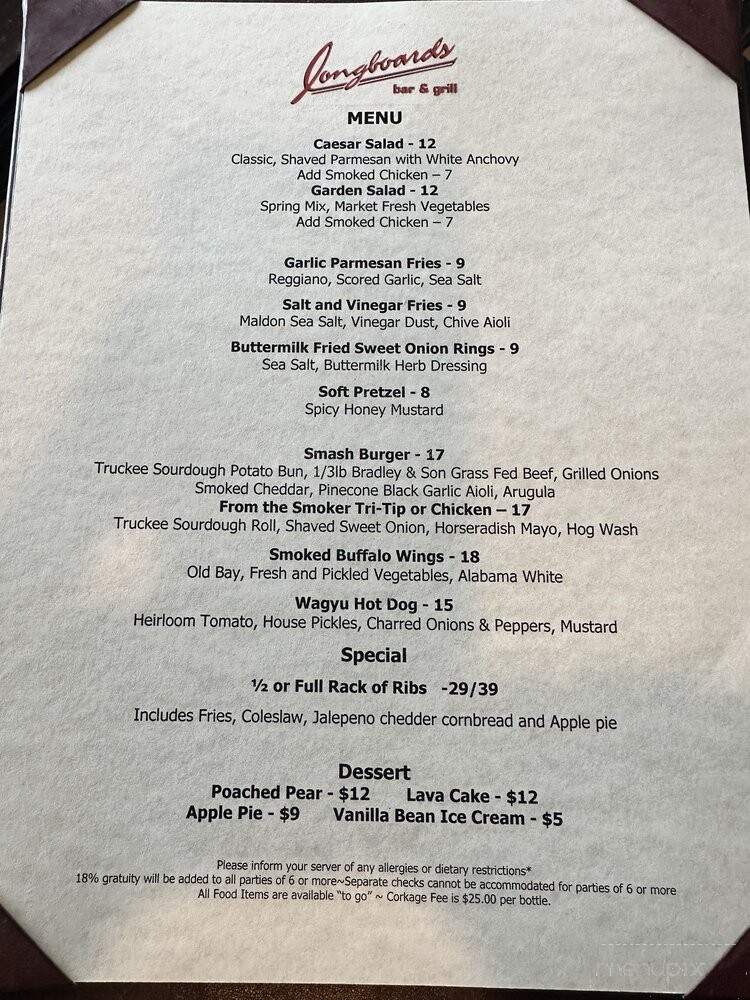 Longboards Bar & Grill - Blairsden, CA menu_pic