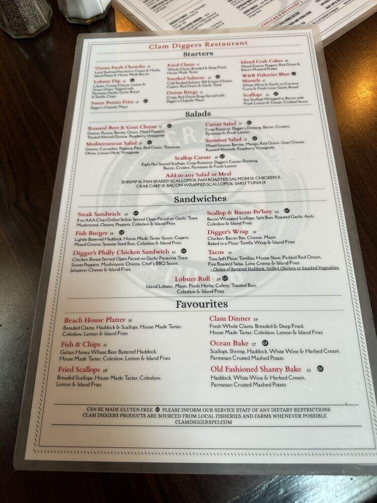 Clam Diggers Beach House and Restaurant - Georgetown, PE menu_pic
