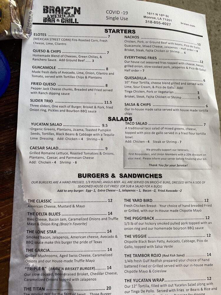 Braiz'n Bar and Grill - Monroe, LA menu_pic