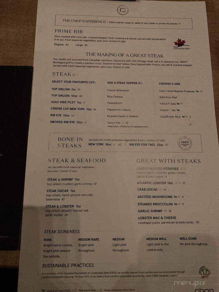 Chop Steakhouse & Bar - Oakville, ON menu_pic
