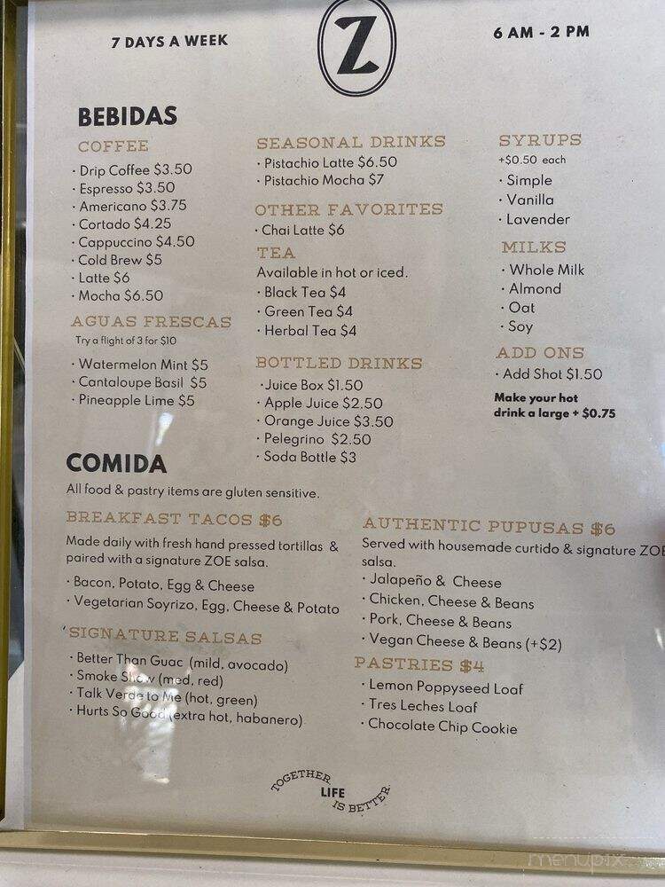 ZOE Coffee and Tacos - Sacramento, CA menu_pic