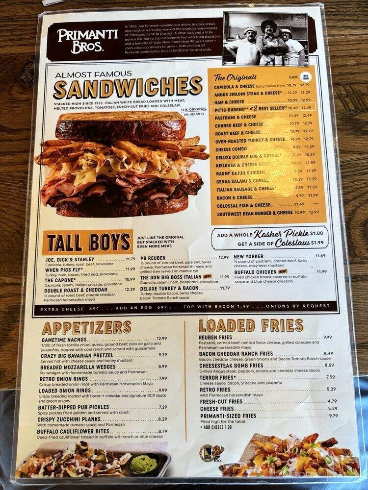 Primanti Brothers - Hershey, PA menu_pic