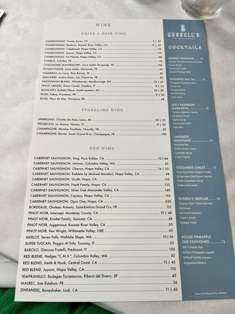 Russell's on Lake Ivanhoe - Orlando, FL menu_pic