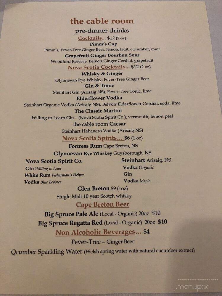 The Cable Room - Baddeck, NS menu_pic