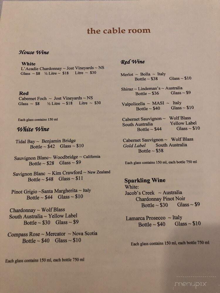 The Cable Room - Baddeck, NS menu_pic
