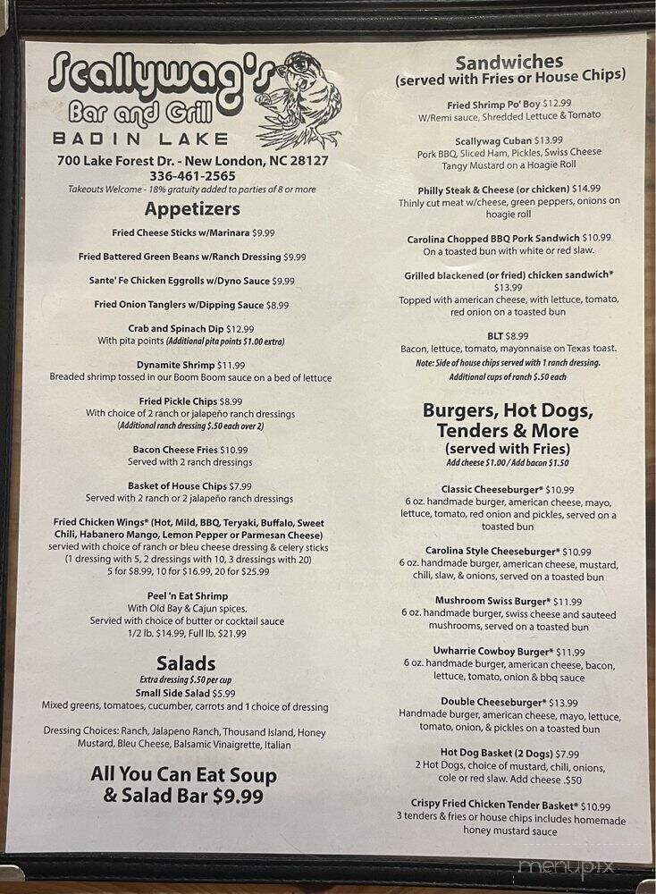Scallywag's Bar & Grill - New London, NC menu_pic