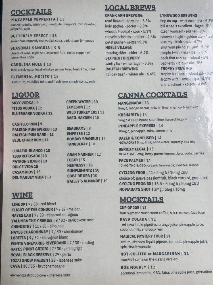 Element Gastropub - Raleigh, NC menu_pic
