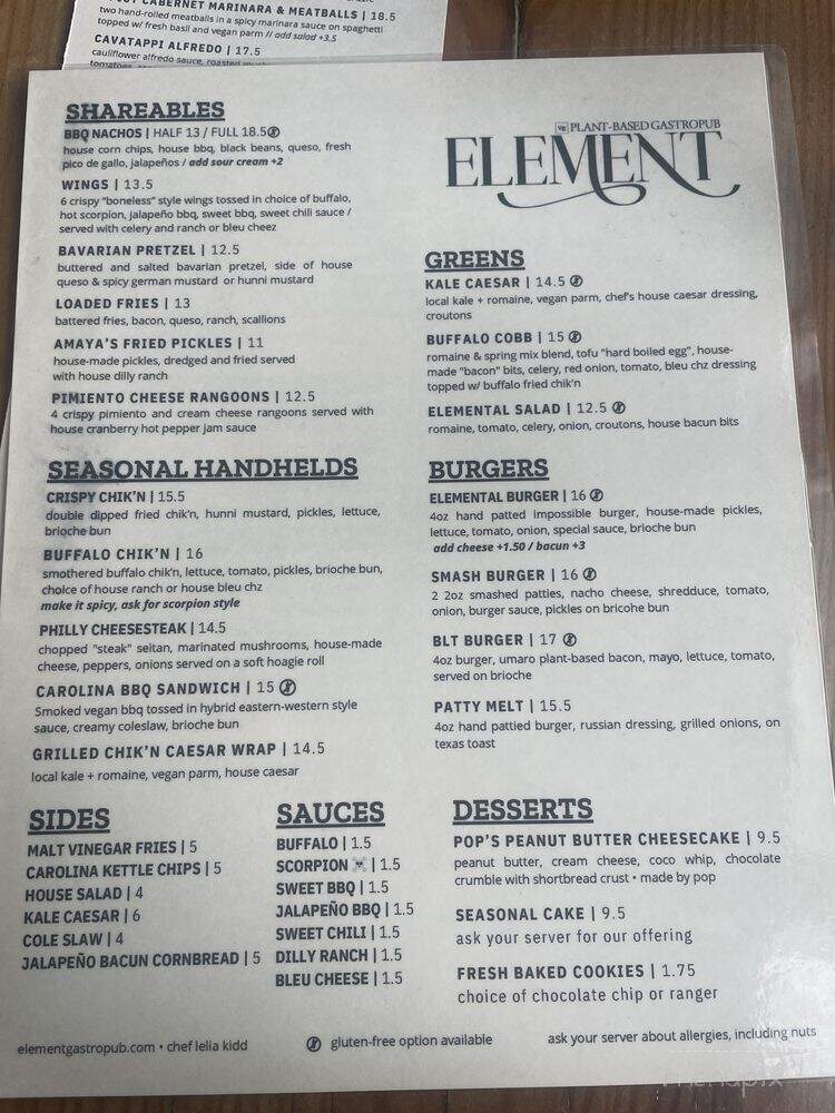 Element Gastropub - Raleigh, NC menu_pic