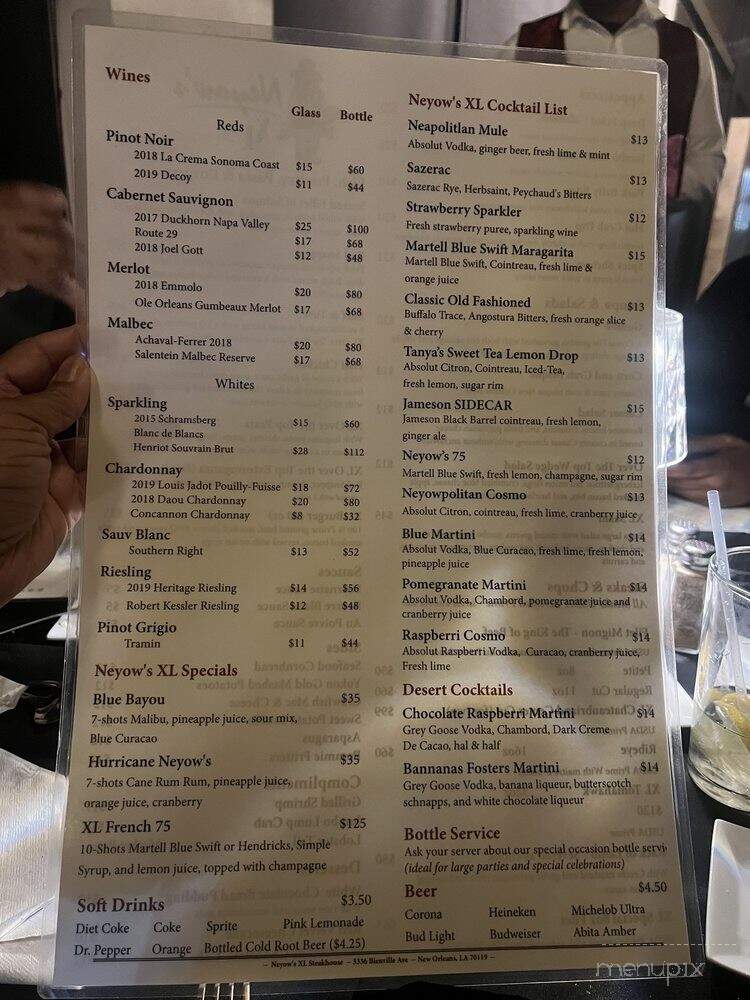 Neyow's XL Fine Dining - New Orleans, LA menu_pic