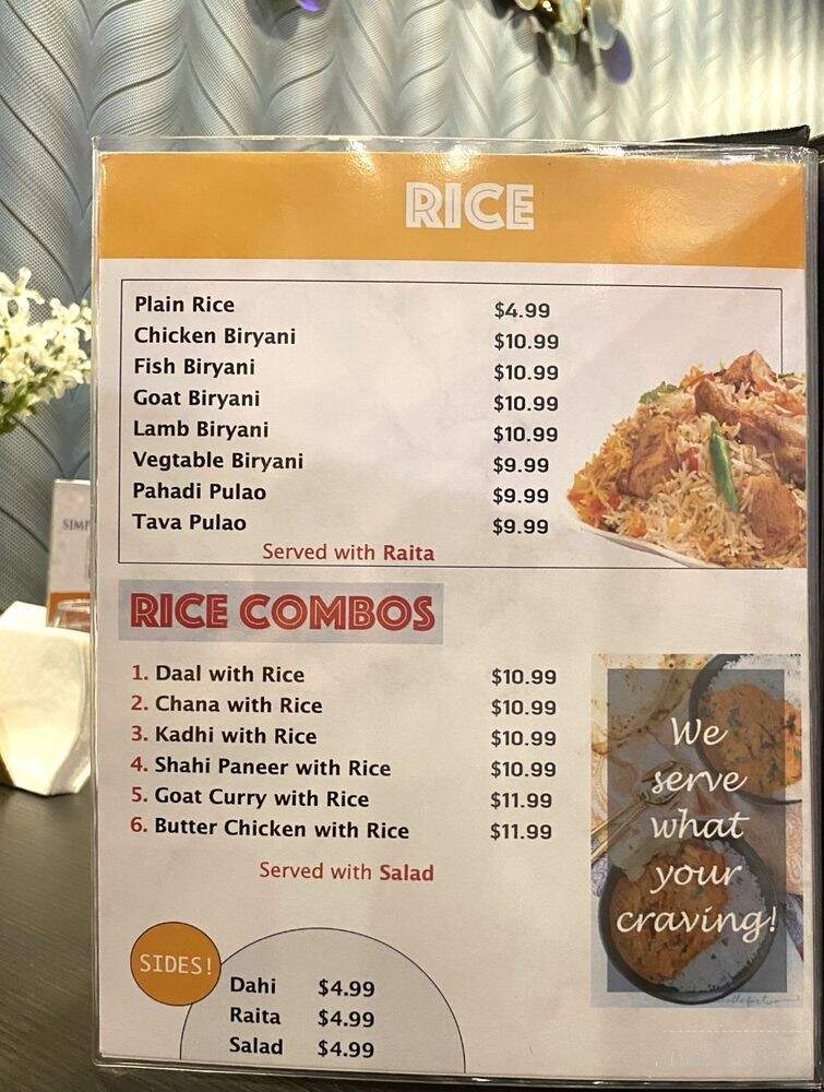 Simply Indian Sweets & Restaurant - Brampton, ON menu_pic