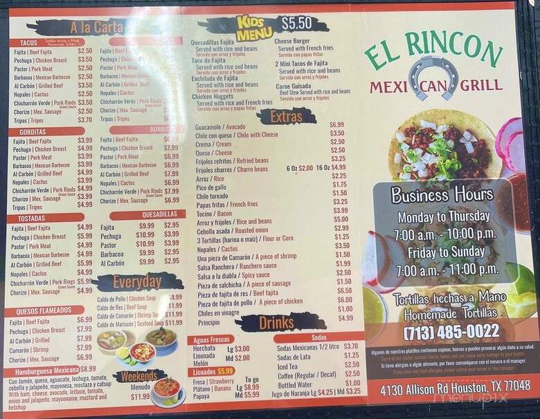 El Rincon Mexican Grill - Houston, TX menu_pic