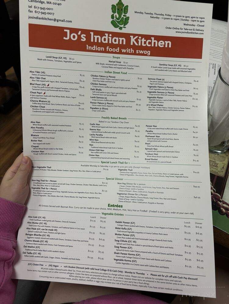 Jo's Indian Kitchen - Cambridge, MA menu_pic