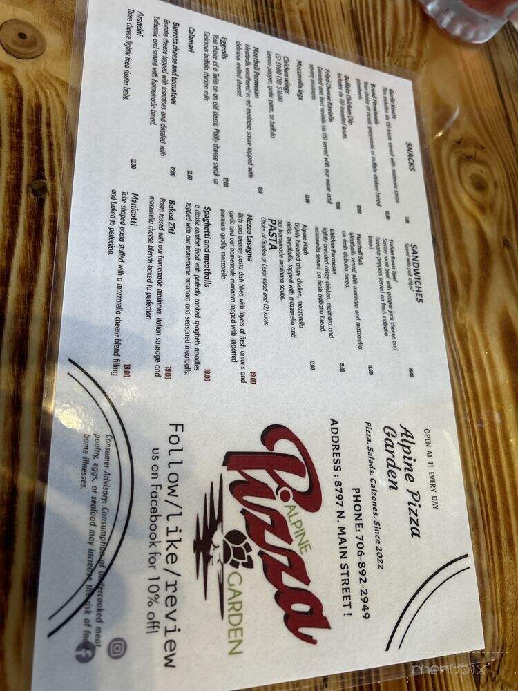 Alpine Pizza Garden - Helen, GA menu_pic