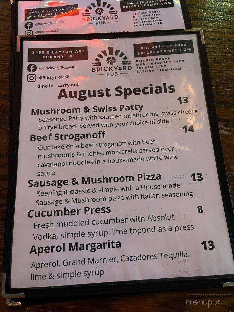 Brickyard Pub & Patio - Cudahy, WI menu_pic