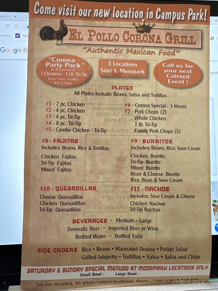 El Pollo Corona Grill - Moorpark, CA menu_pic