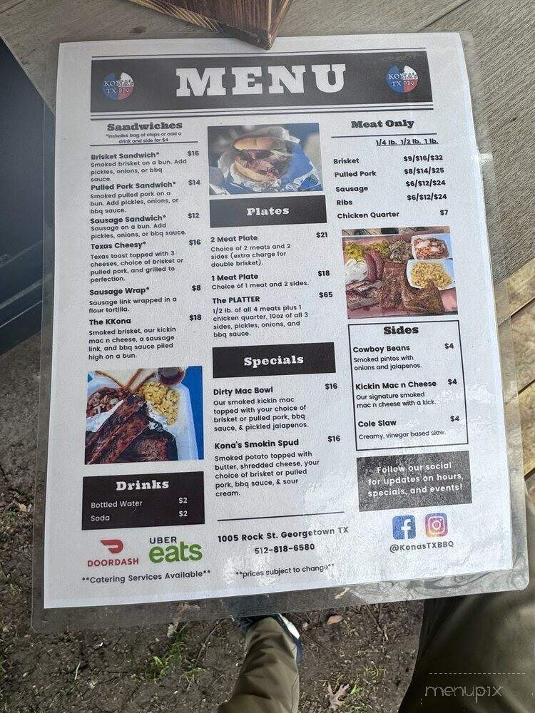 Kona's TX BBQ - Hutto, TX menu_pic