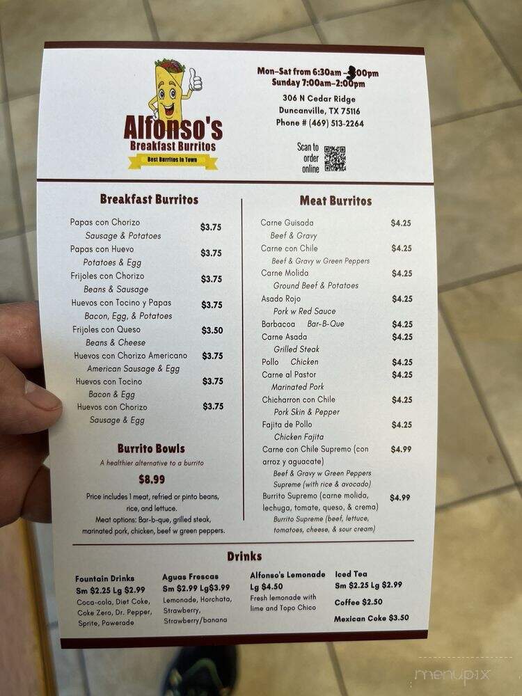 Alfonso's Breakfast Burritos - Duncanville, TX menu_pic