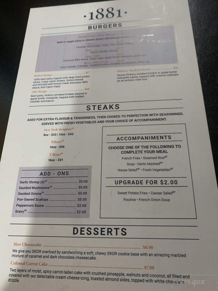 1881 Steakhouse + Bar - Saint Thomas, ON menu_pic