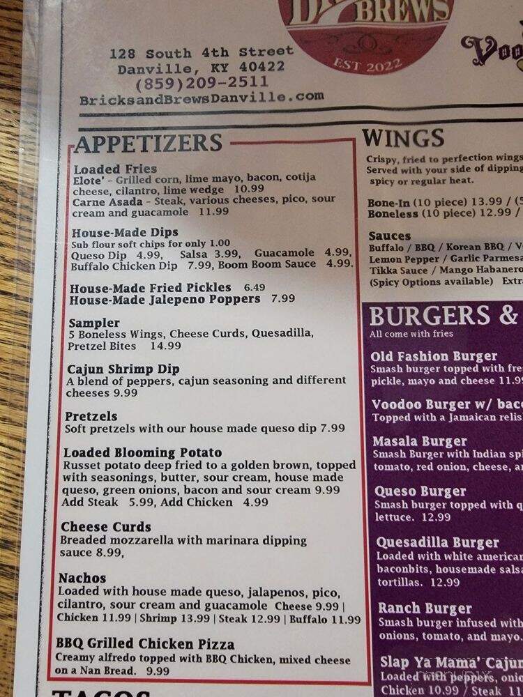 Bricks & Brews - Danville, KY menu_pic