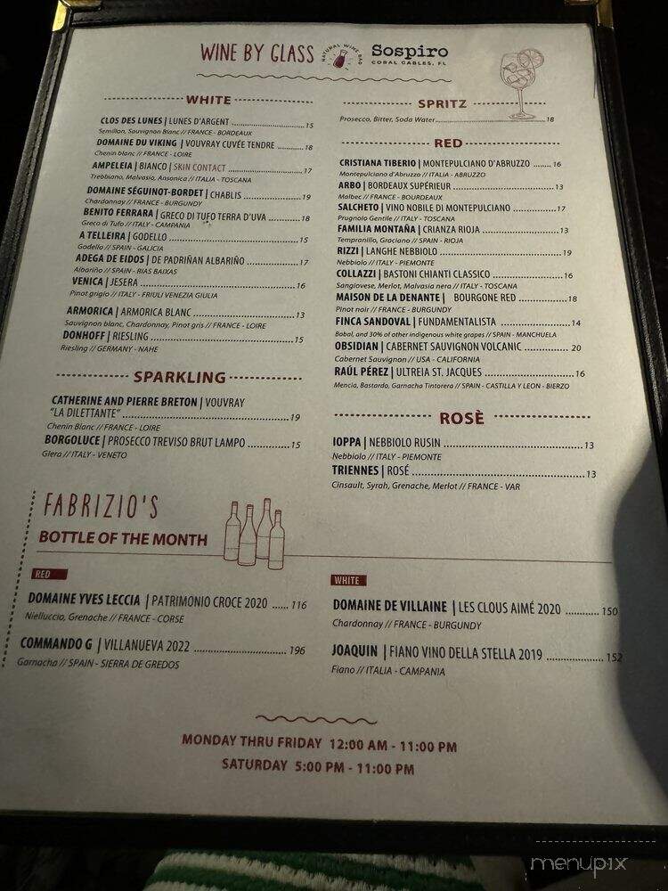 Sospiro Natural Wine Bar - Coral Gables, FL menu_pic