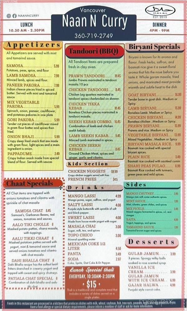 Naan N Curry - Vancouver, WA menu_pic