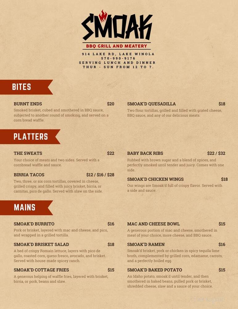 Smoak BBQ Grill & Meatery - Factoryville, PA menu_pic