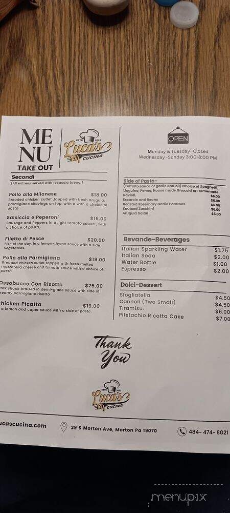 Lucas's Cucina - Morton, PA menu_pic