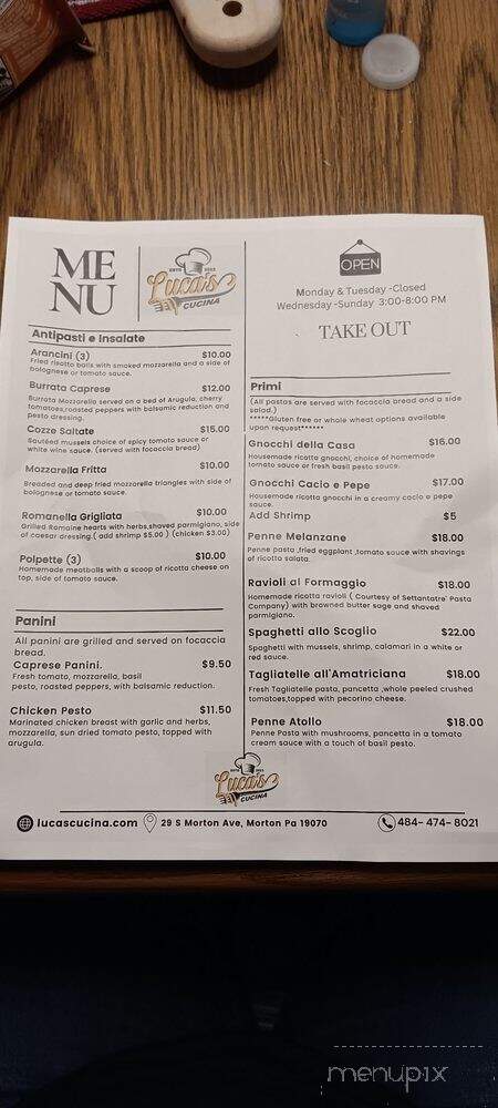Lucas's Cucina - Morton, PA menu_pic