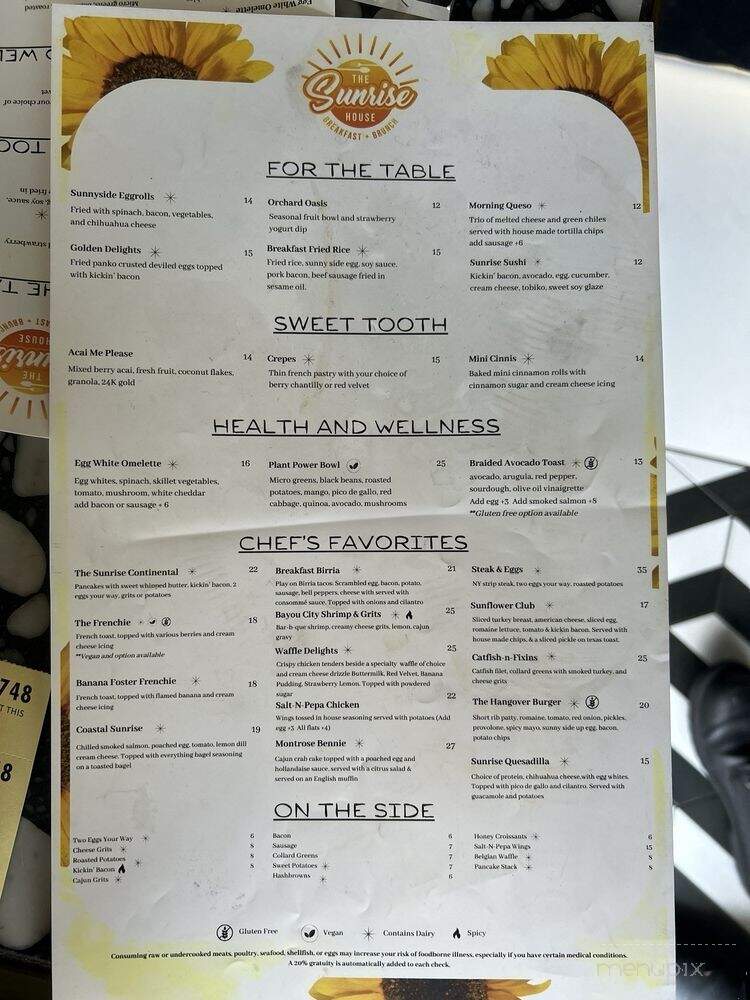 The Sunrise House - Houston, TX menu_pic