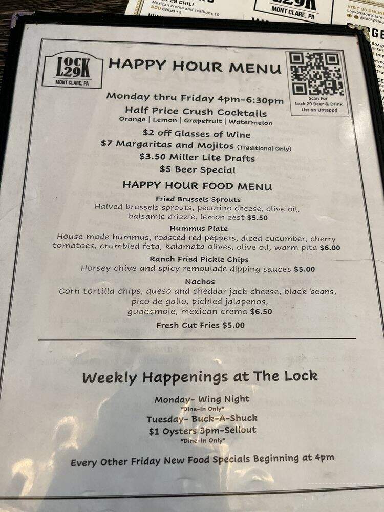 Lock 29 Mont Clare - Mont Clare, PA menu_pic