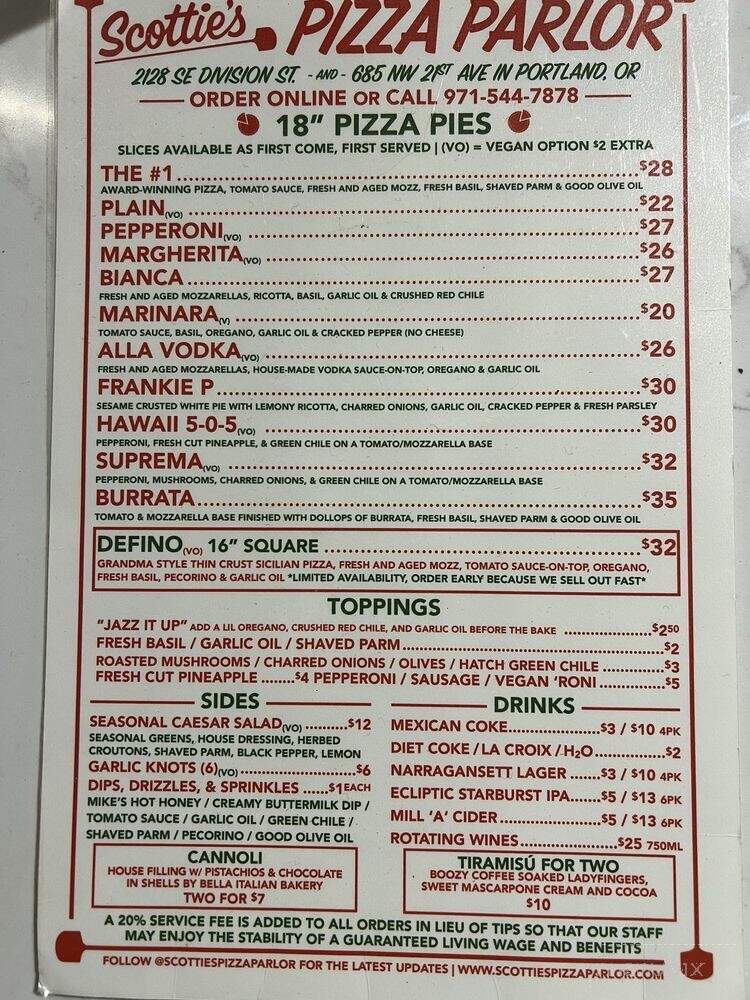 Scottie's Pizza Parlor - Portland, OR menu_pic