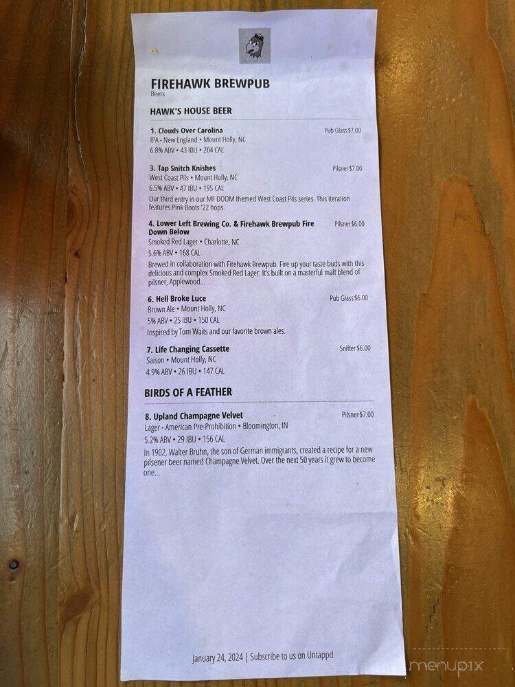 Firehawk Brewpub - Mount Holly, NC menu_pic