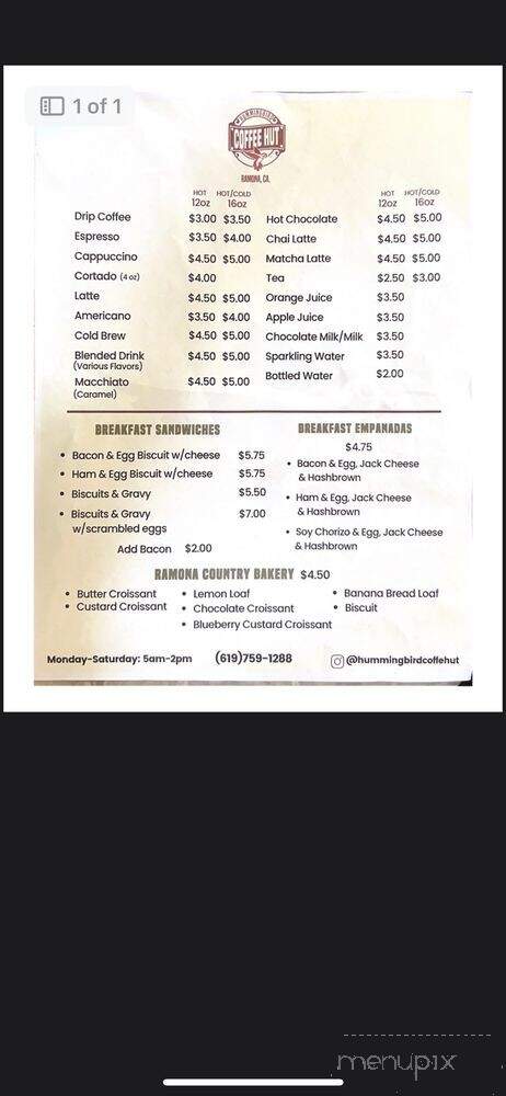 Hummingbird Coffee Hut - Ramona, CA menu_pic
